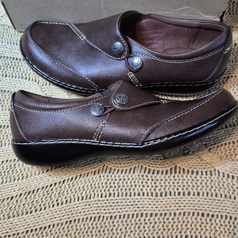 Clarks Womens Brown Leather Loafers with Button Detail